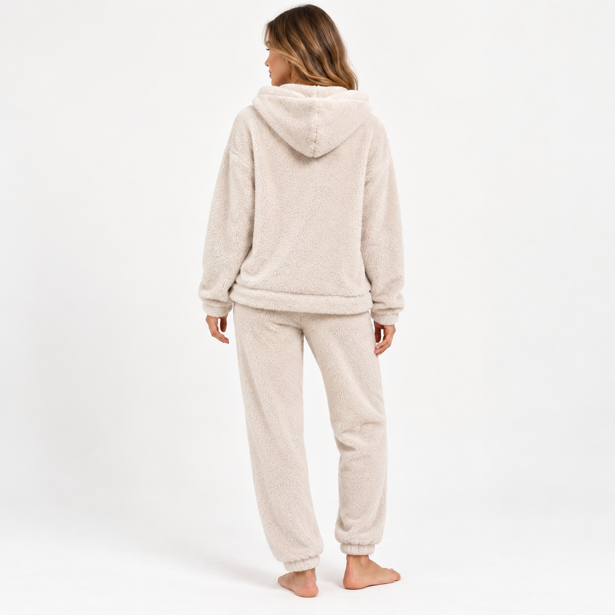 Ensemble 2 pièces femme beige pelucheux : sweat à capuche et pantalon – vue 2 | le Juste Pyjama