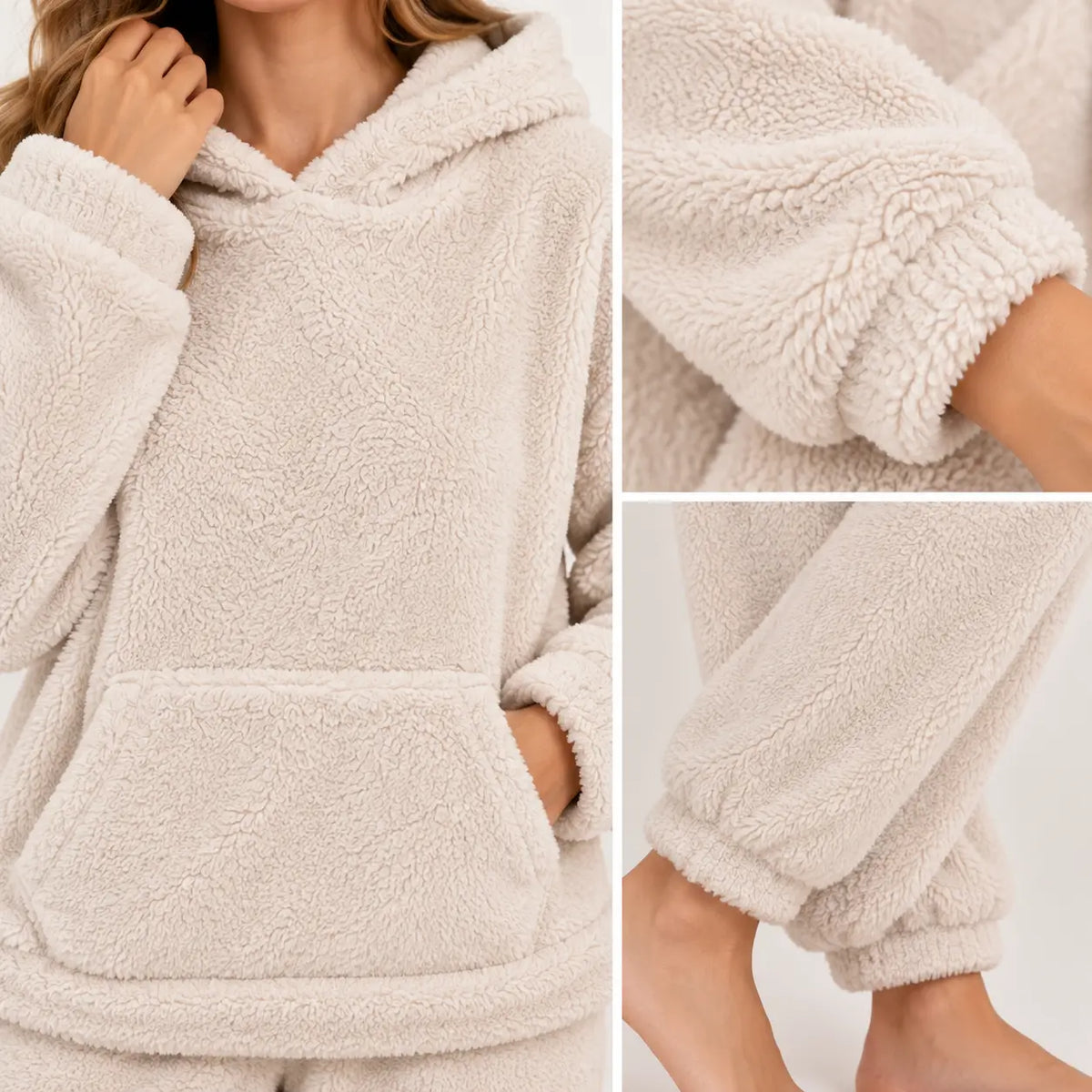 Ensemble 2 pièces femme beige pelucheux : sweat à capuche et pantalon – vue 4 | le Juste Pyjama