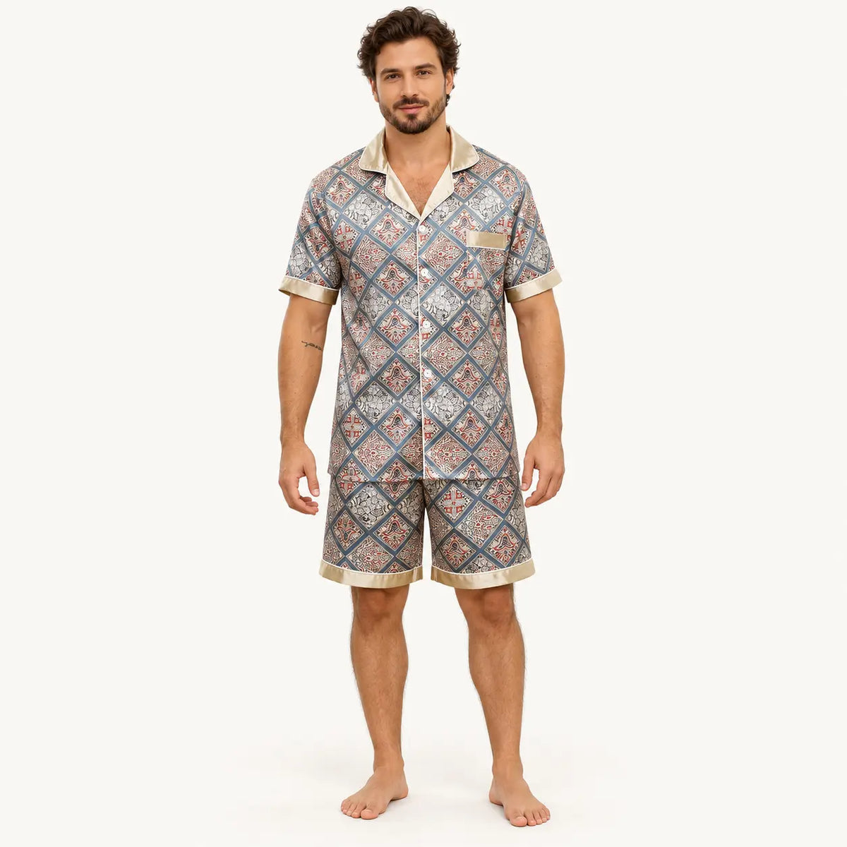 Ensemble Pyjama Homme Motif Géométrique Satiné Imprimé | le Juste Pyjama