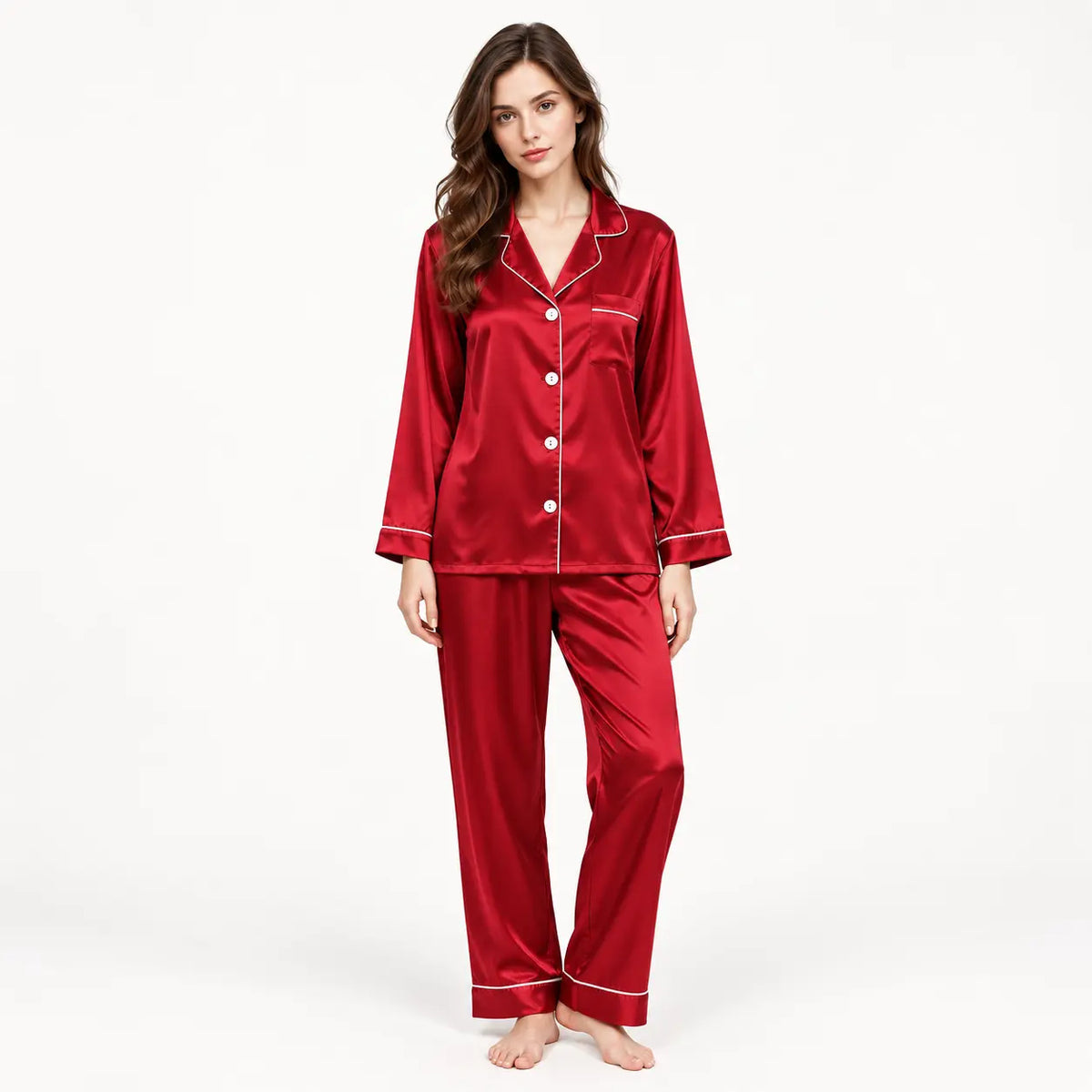 Ensemble Pyjama Satiné Rouge Boutonné À Manches Longues | le Juste Pyjama