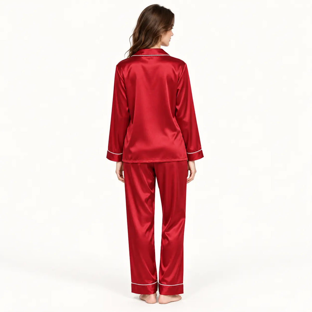 Ensemble Pyjama Satiné Rouge Boutonné À Manches Longues – vue 2 | le Juste Pyjama