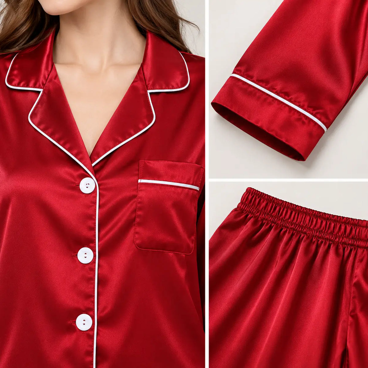 Ensemble Pyjama Satiné Rouge Boutonné À Manches Longues – vue 4 | le Juste Pyjama