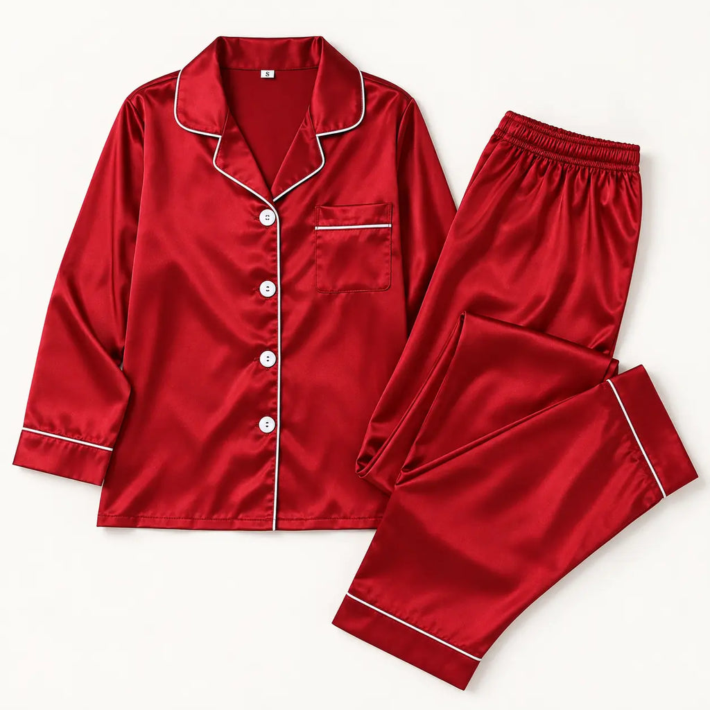 Ensemble Pyjama Satiné Rouge Boutonné À Manches Longues – vue 5 | le Juste Pyjama