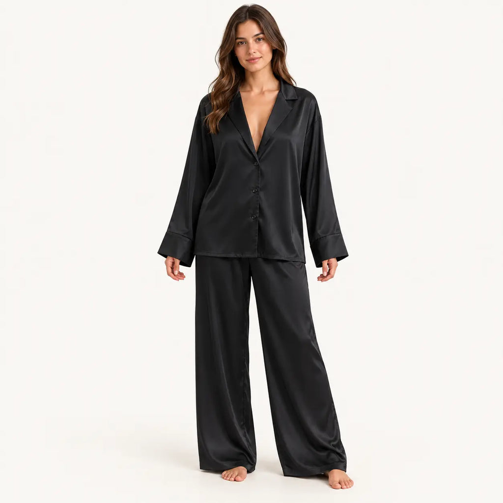 Ensemble De Pyjama Fluide Satiné En Satin Noir | le Juste Pyjama