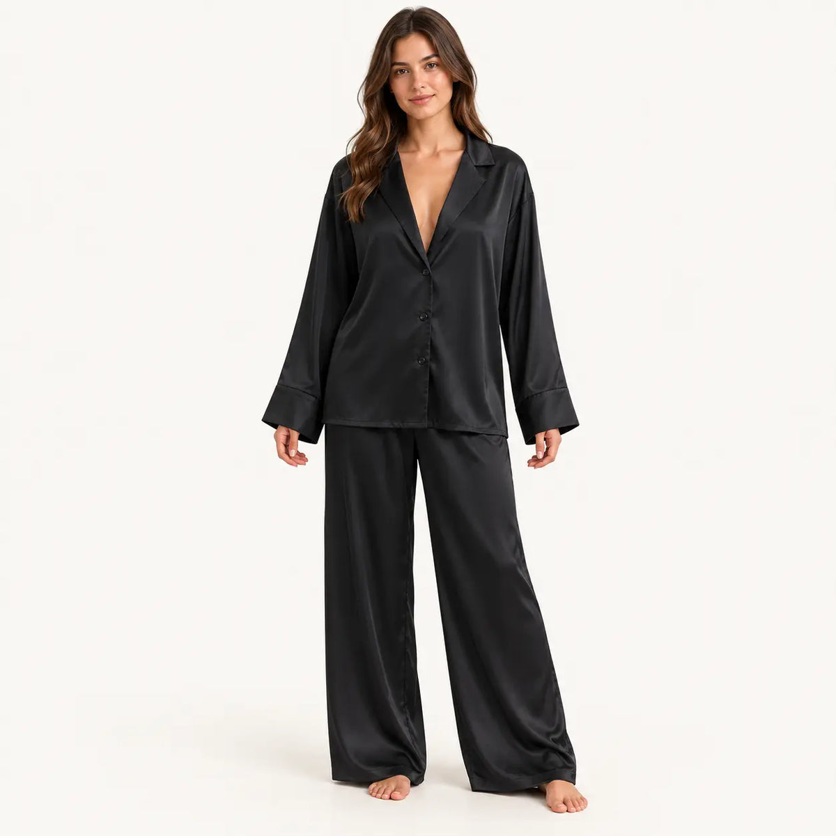 Ensemble De Pyjama Fluide Satiné En Satin Noir | le Juste Pyjama