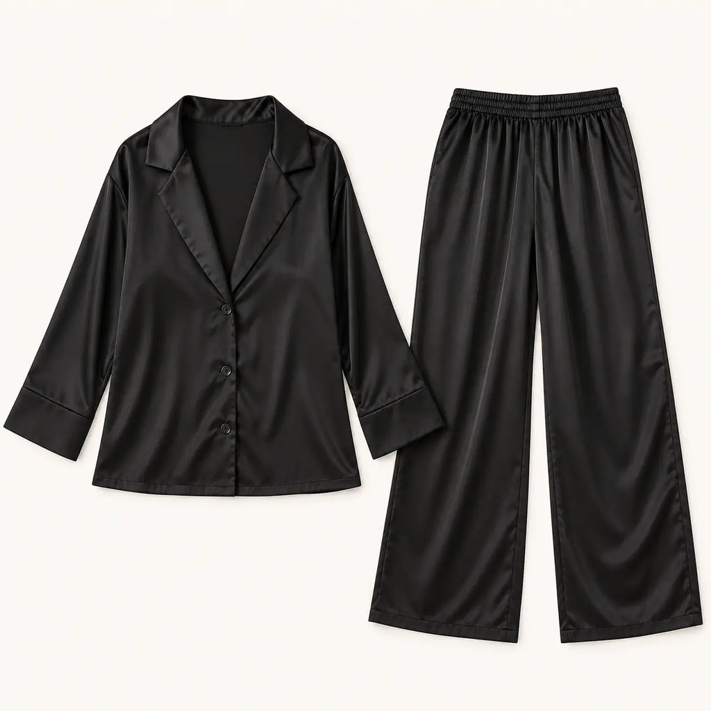 Ensemble De Pyjama Fluide Satiné En Satin Noir – vue 5 | le Juste Pyjama
