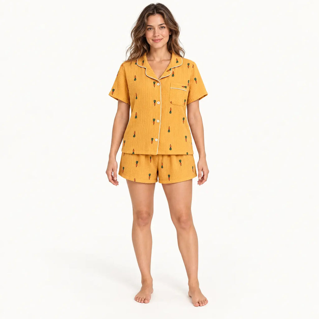 Ensemble Pyjama Femme En Gaze De Coton Imprimé Carotte | le Juste Pyjama