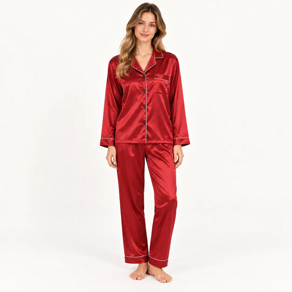Pyjama Deux Pièces Boutonné En Satin Rouge – vue 2 | le Juste Pyjama