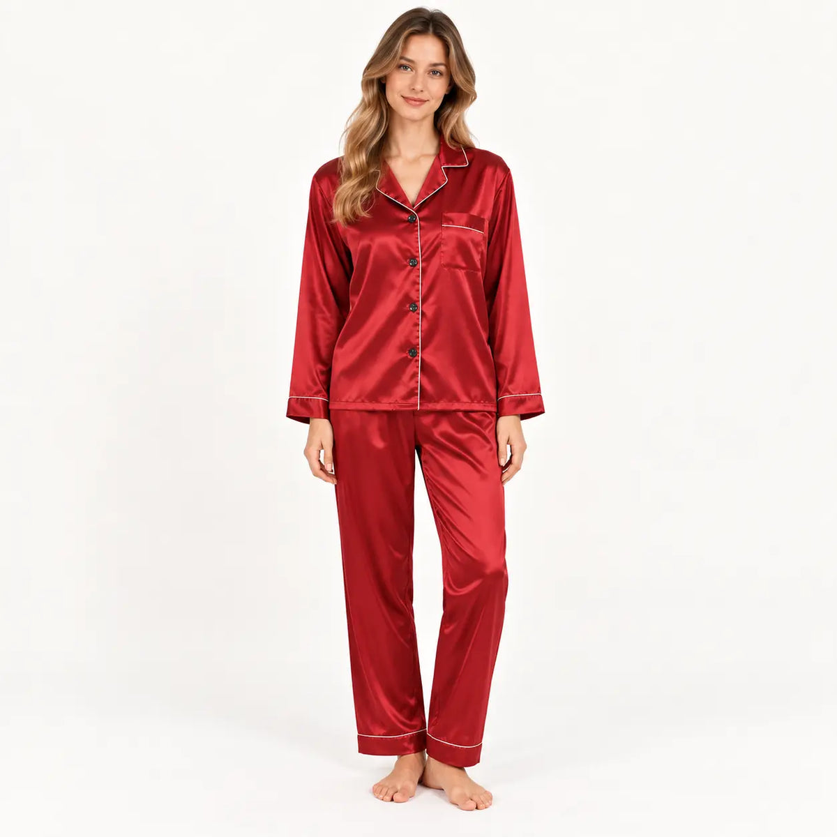 Pyjama Deux Pièces Boutonné En Satin Rouge – vue 2 | le Juste Pyjama