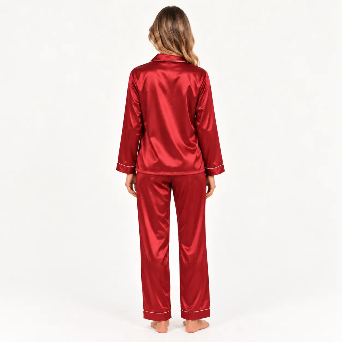 Pyjama Deux Pièces Boutonné En Satin Rouge – vue 3 | le Juste Pyjama