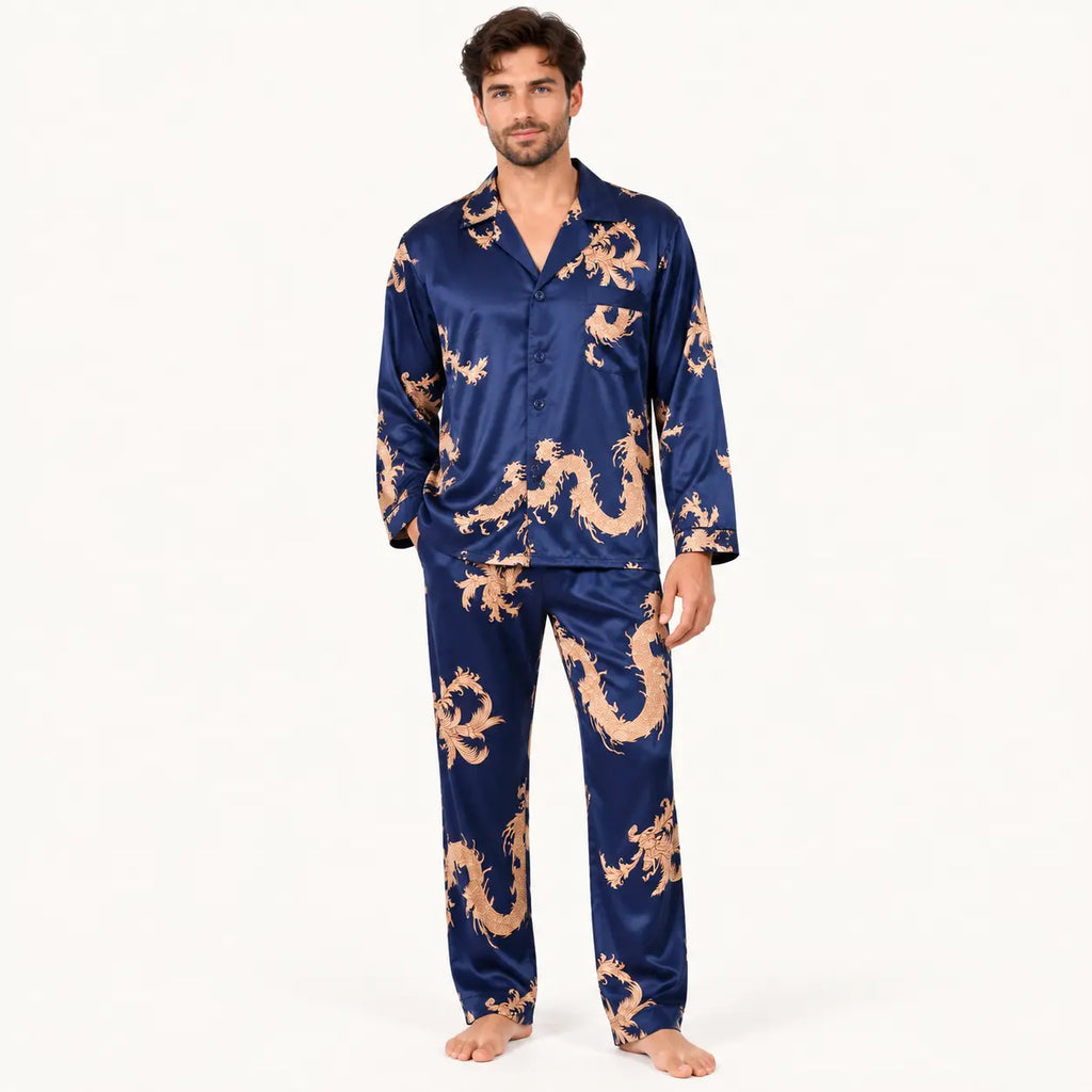 Pyjama En Satin Bleu Marine Imprimé Dragon Pour Couple – vue 4 | le Juste Pyjama