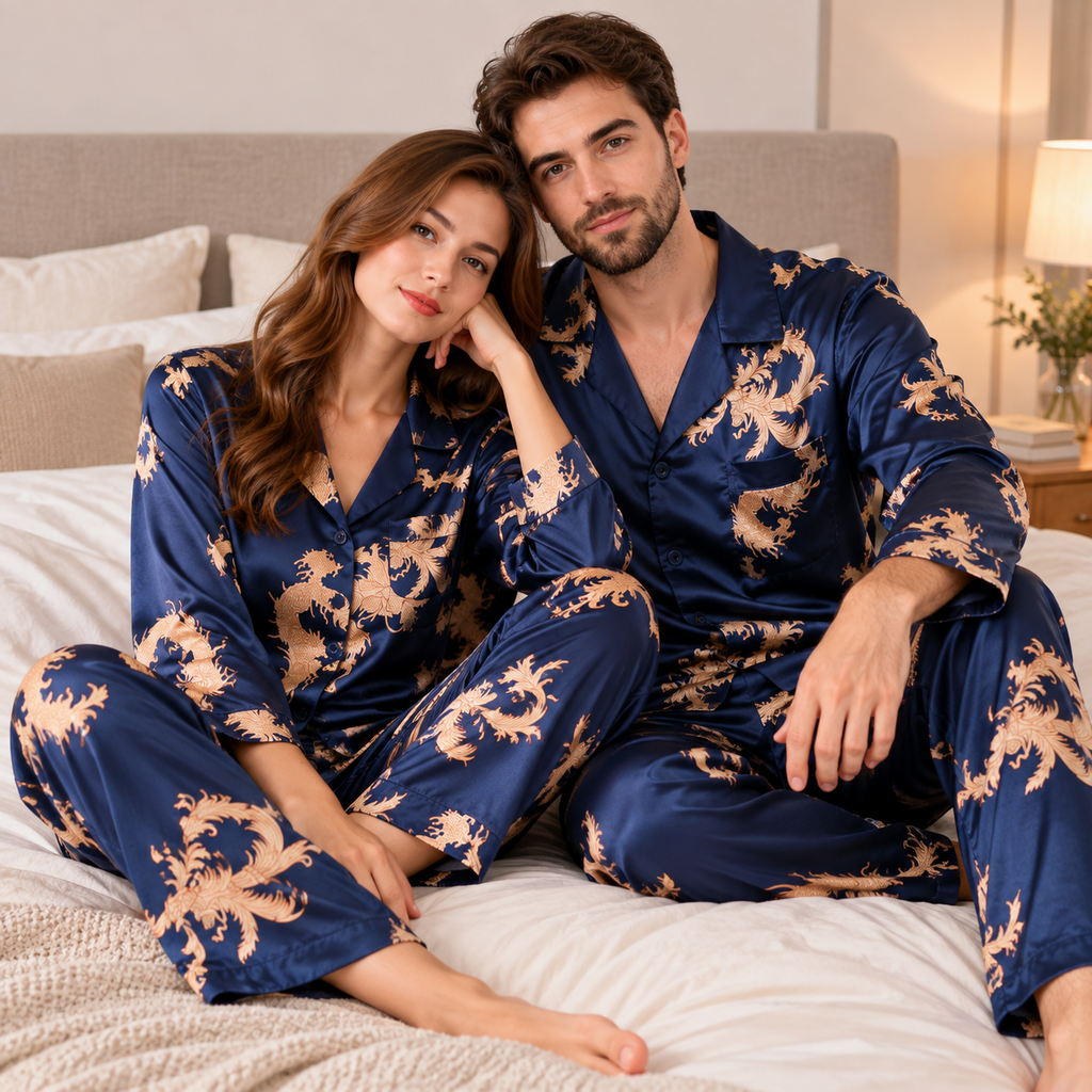 Pyjama En Satin Bleu Marine Imprimé Dragon Pour Couple – vue 5 | le Juste Pyjama