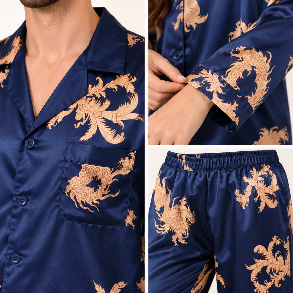Pyjama En Satin Bleu Marine Imprimé Dragon Pour Couple – vue 6 | le Juste Pyjama