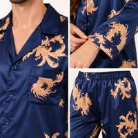 Pyjama En Satin Bleu Marine Imprimé Dragon Pour Couple – vue 6 | le Juste Pyjama