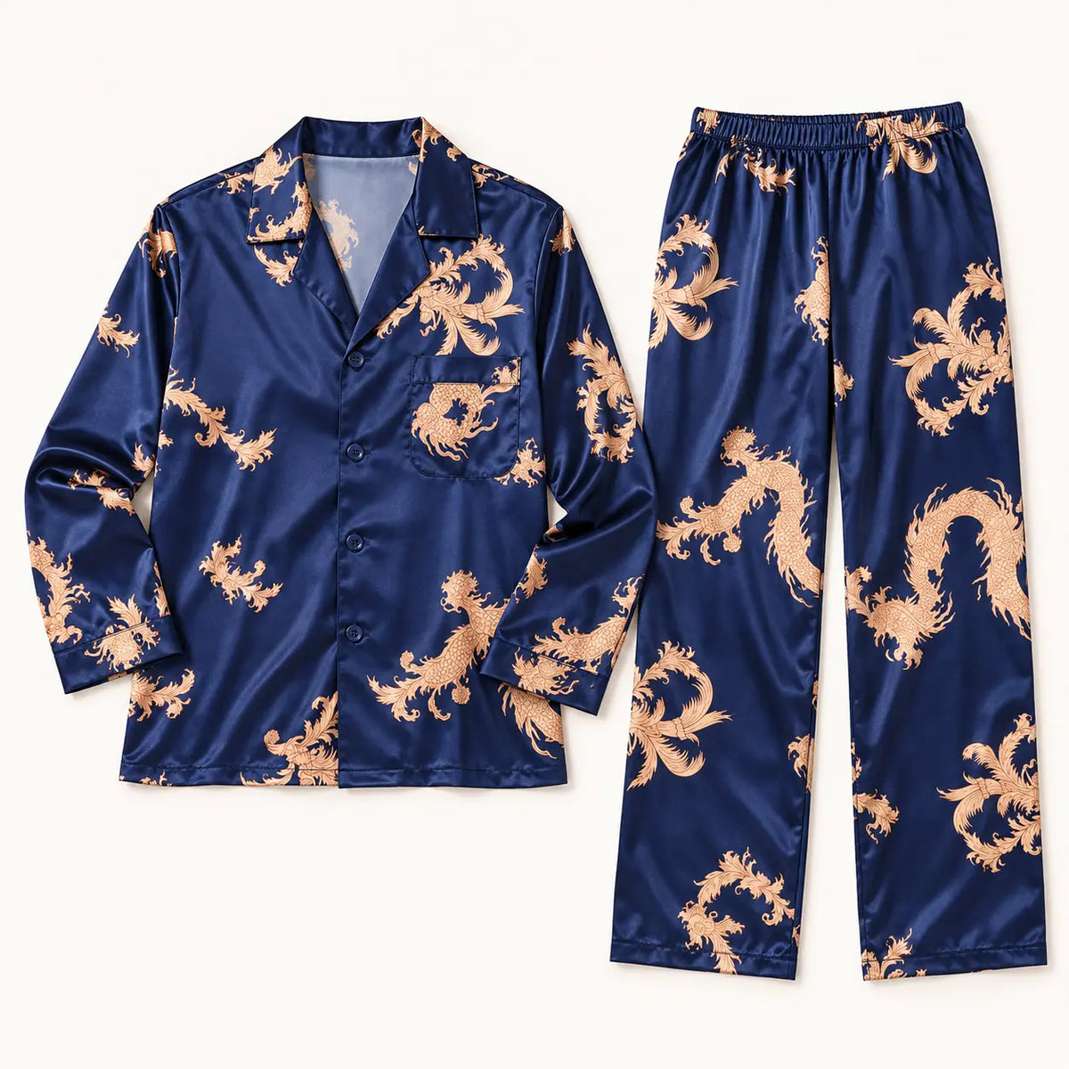 Pyjama En Satin Bleu Marine Imprimé Dragon Pour Couple – vue 7 | le Juste Pyjama