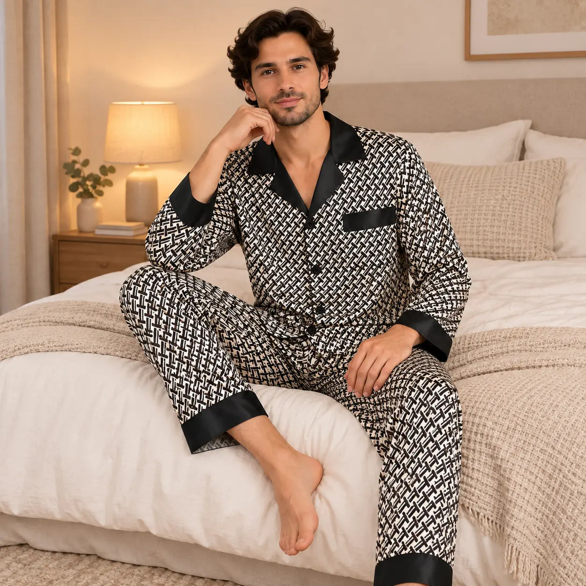 Pyjama Homme Satin Noir Imprimé Géométrique – vue 3 | le Juste Pyjama