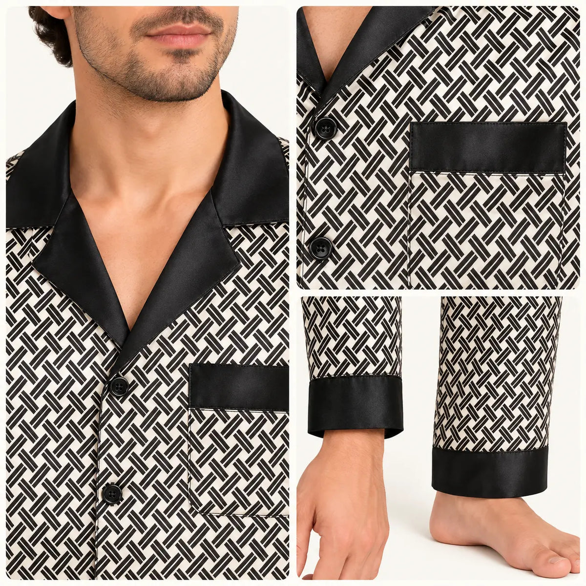 Pyjama Homme Satin Noir Imprimé Géométrique – vue 4 | le Juste Pyjama