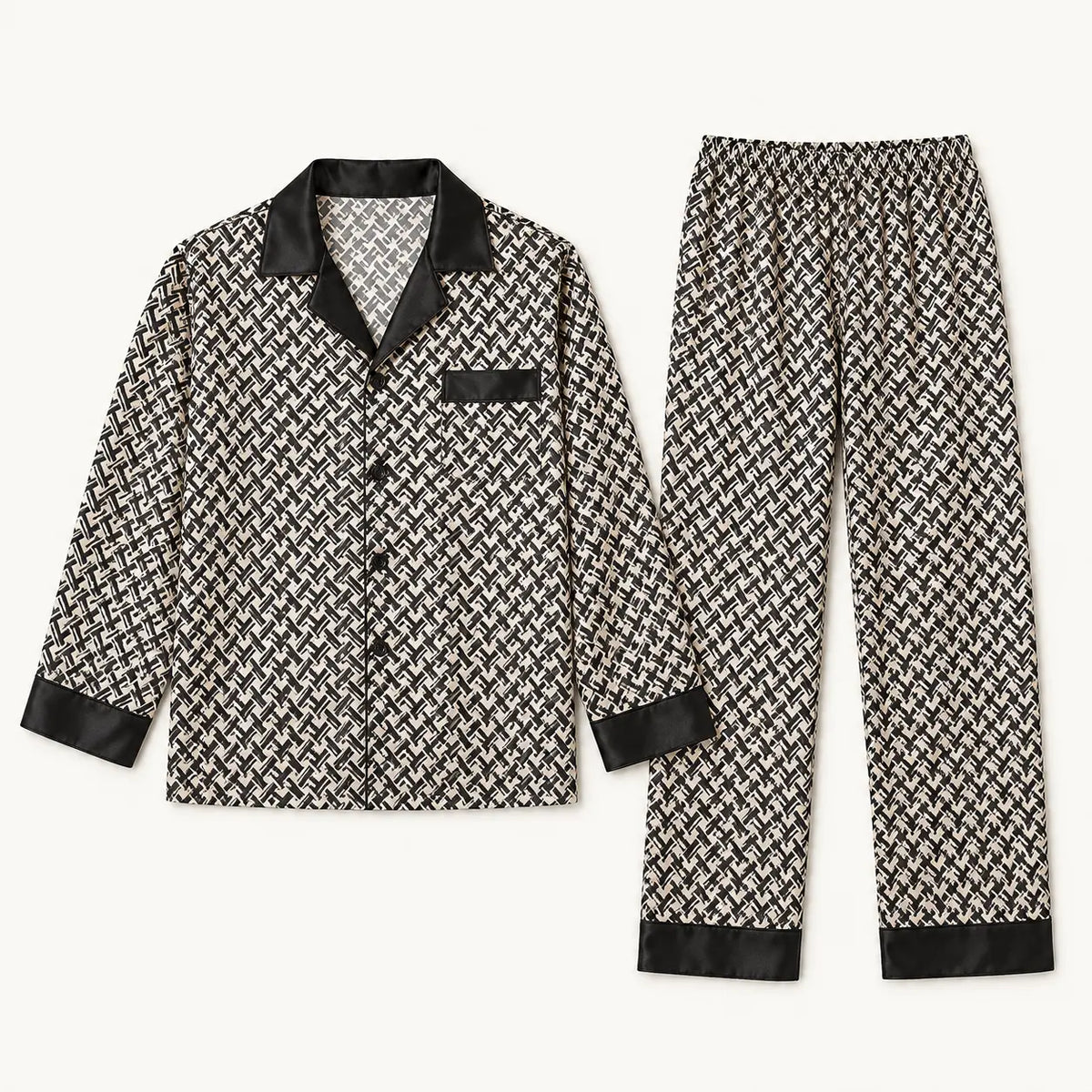 Pyjama Homme Satin Noir Imprimé Géométrique – vue 5 | le Juste Pyjama
