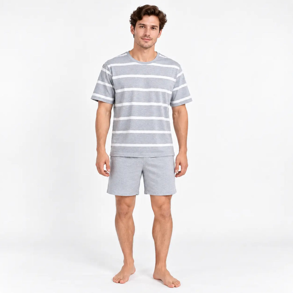Pyjama Homme Short Tee Shirt Rayé Gris Et Blanc | le Juste Pyjama