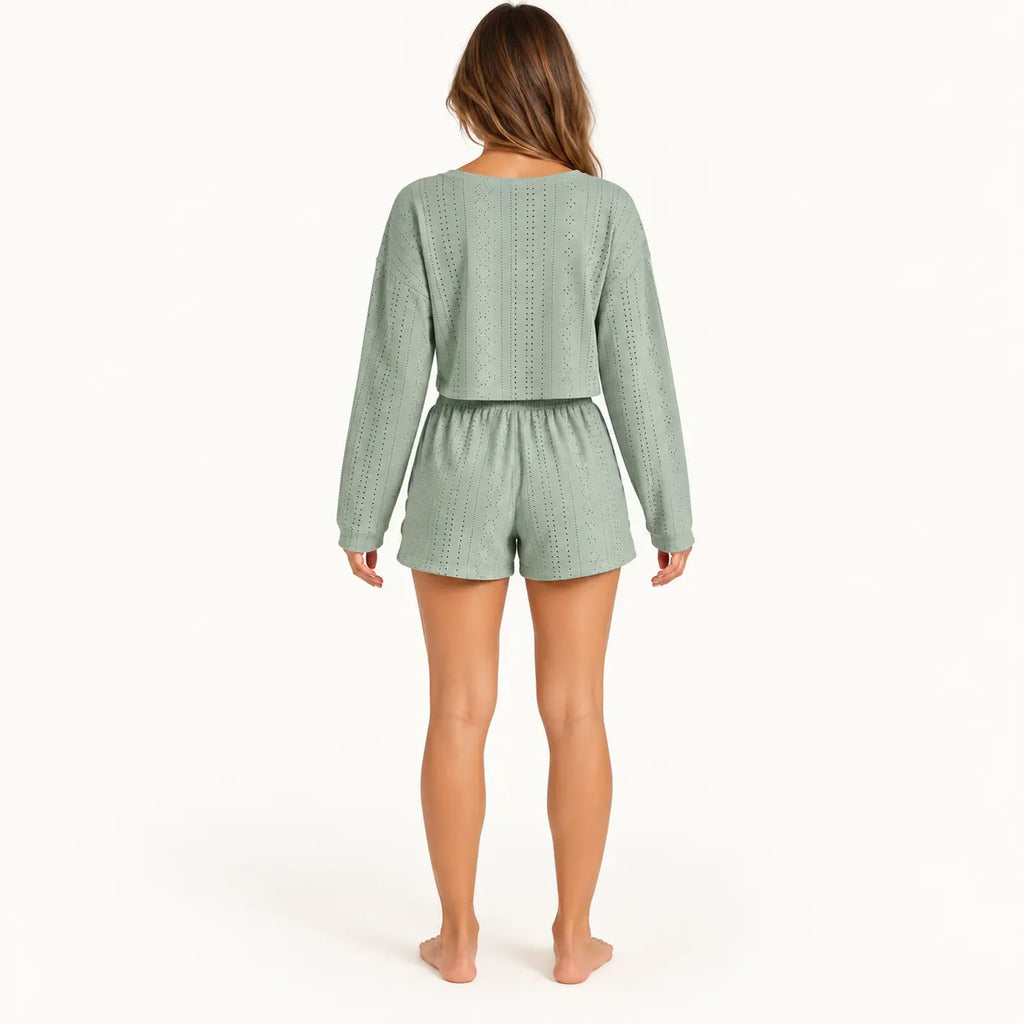 Pyjama Vert Menthe En Maille Pointelle – vue 2 | le Juste Pyjama
