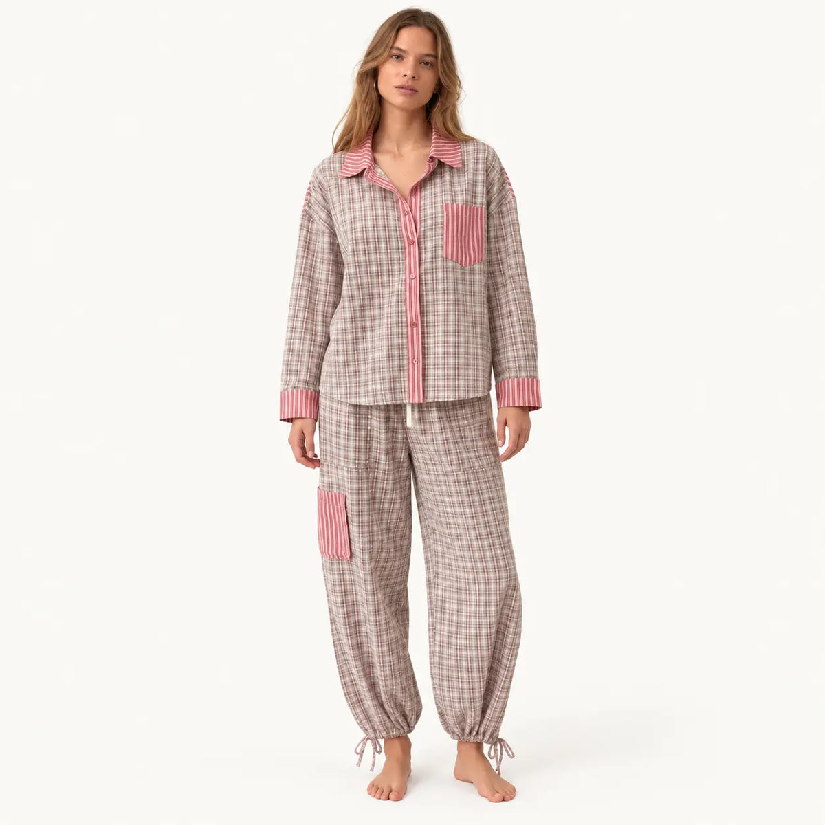 Pyjama Chemise Ensemble 2 Pièces Motif Carreaux Et Rayures – vue 6 | le Juste Pyjama