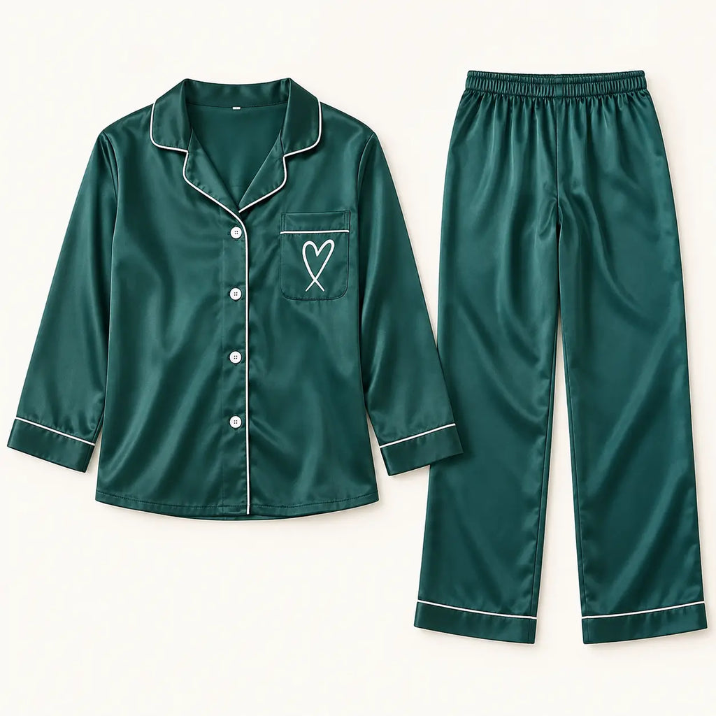 Pyjama Chemise Pantalon Femme En Satin Brodé Cœur – vue 9 | le Juste Pyjama