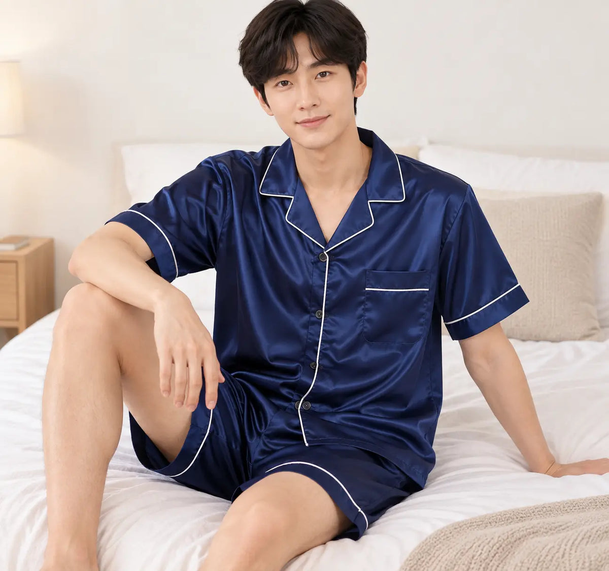 Pyjama Couple Satin Uni Manches Courtes – vue 3 | le Juste Pyjama