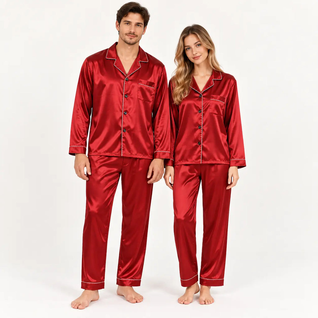 Pyjama Deux Pièces Boutonné En Satin Rouge | le Juste Pyjama