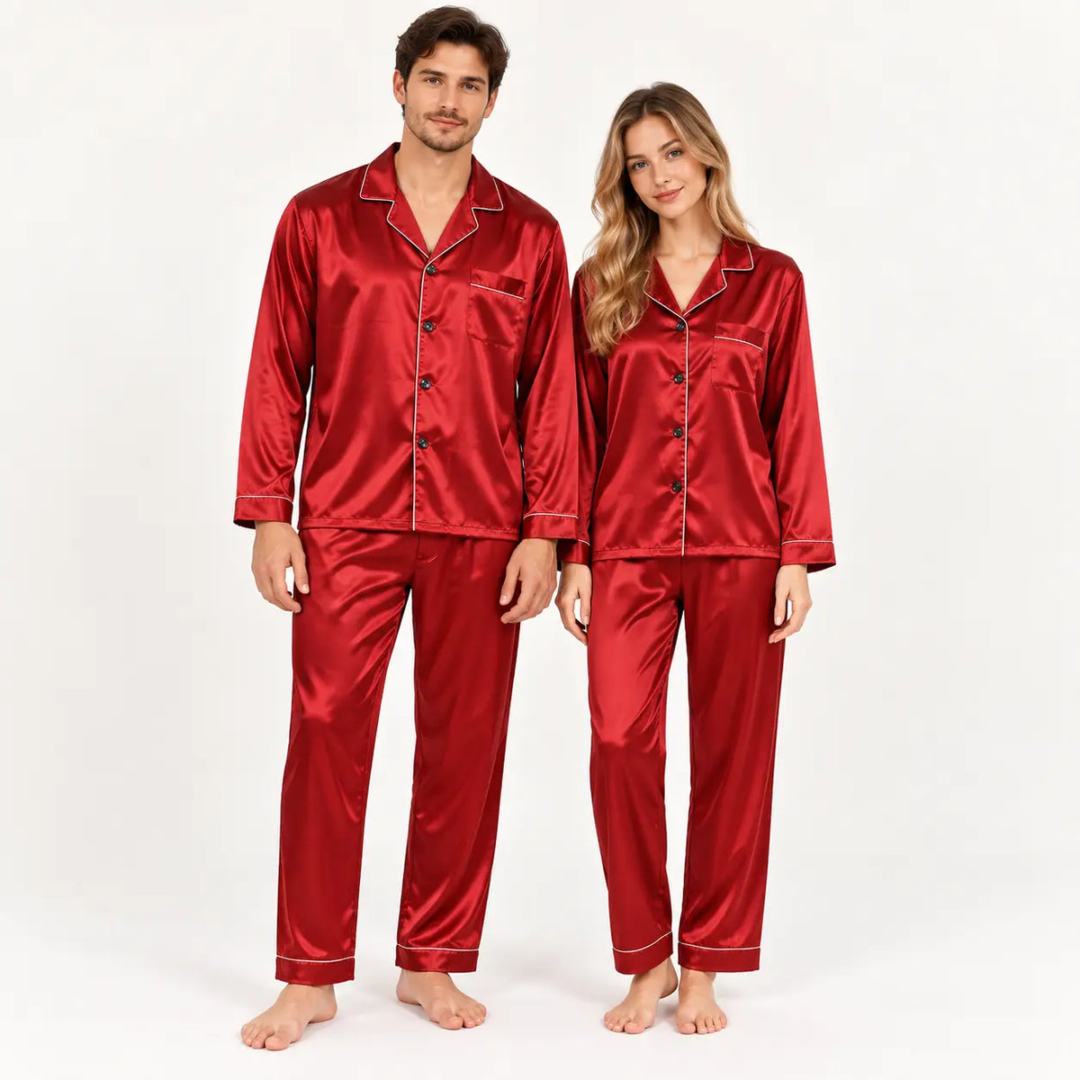 Pyjama Deux Pièces Boutonné En Satin Rouge | le Juste Pyjama