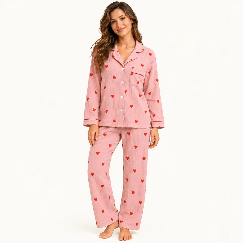 Pyjama Double Gaze De Coton Imprimé Cœurs | le Juste Pyjama