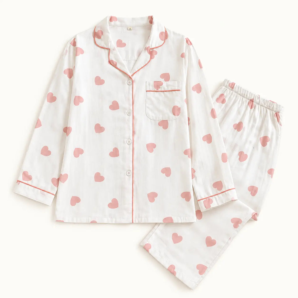 Pyjama Femme 100 % Coton Motif Cœurs À Manches Longues coloris blanc | le Juste Pyjama