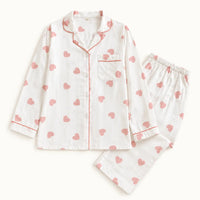 Pyjama Femme 100 % Coton Motif Cœurs À Manches Longues coloris blanc | le Juste Pyjama