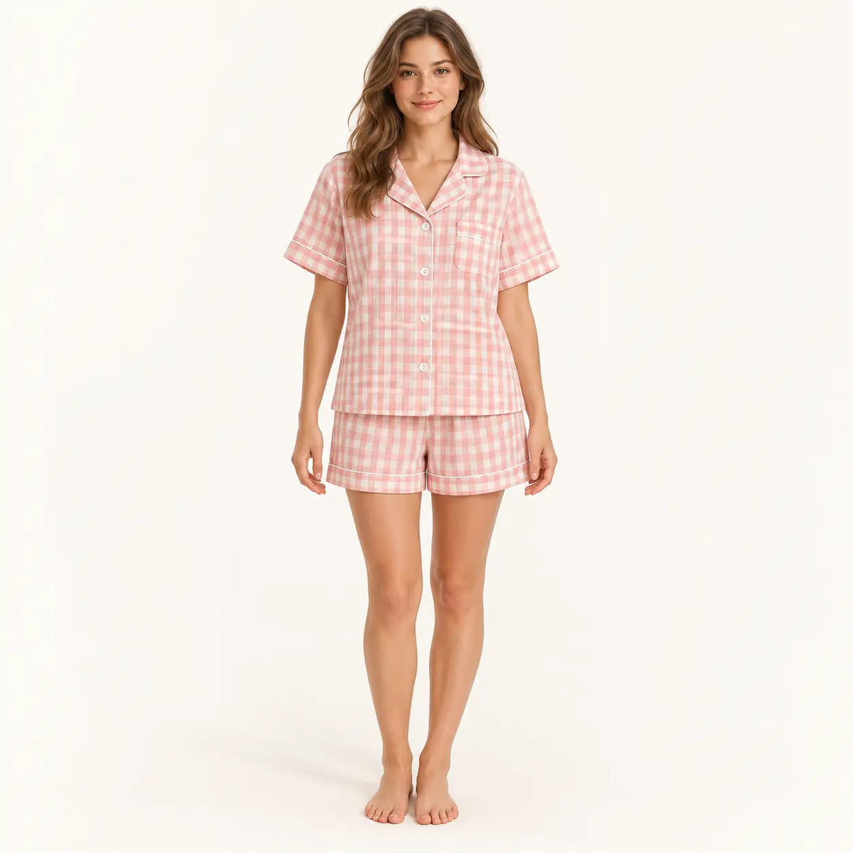 Pyjama Femmes À Carreaux Vichy Rose Et Blanc | le Juste Pyjama