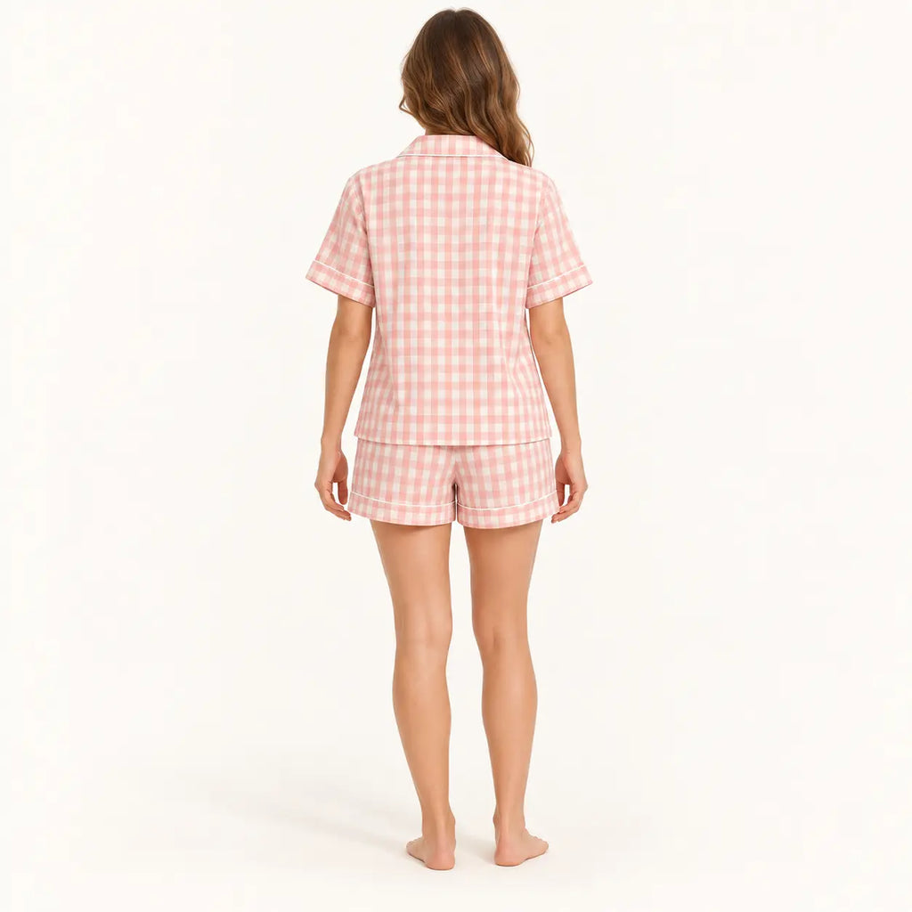 Pyjama Femmes À Carreaux Vichy Rose Et Blanc – vue 2 | le Juste Pyjama