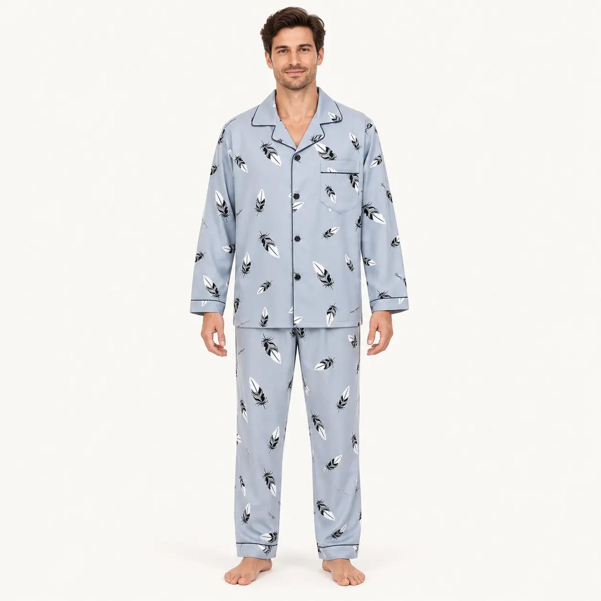 Pyjama Hiver Homme Imprimé Plumes Boutonné | le Juste Pyjama