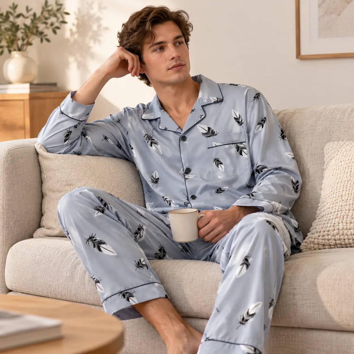 Pyjama Hiver Homme Imprimé Plumes Boutonné – vue 3 | le Juste Pyjama