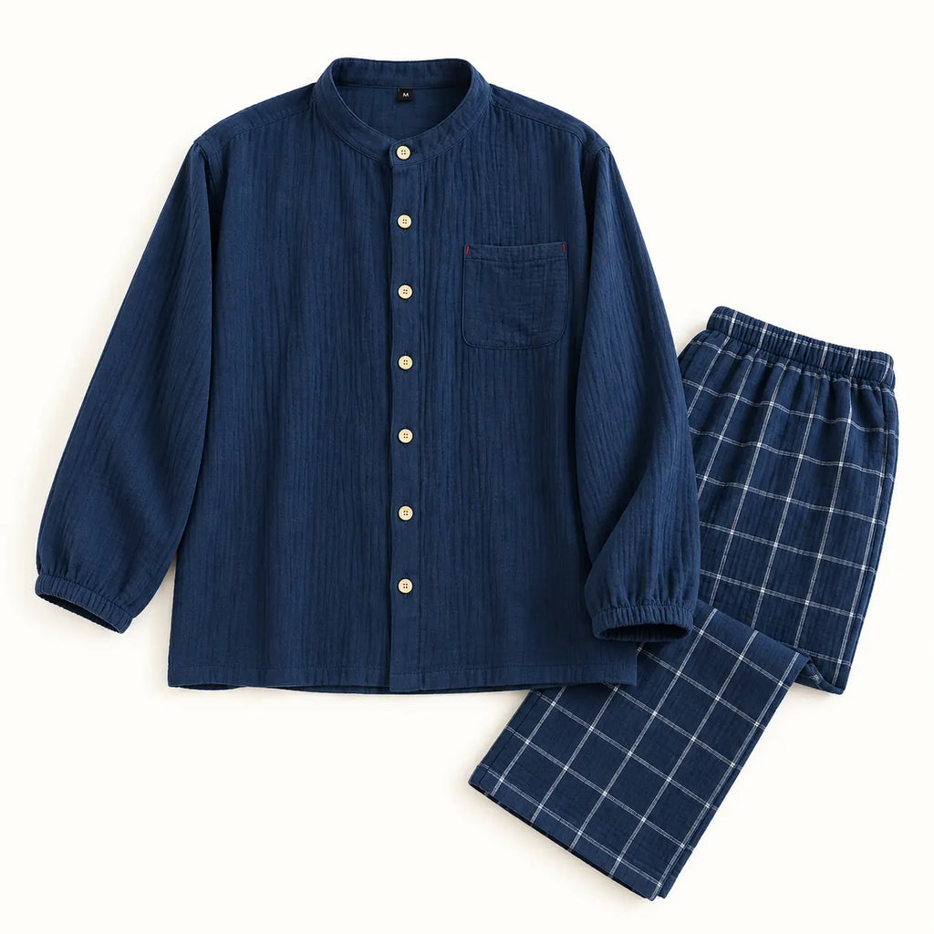 Pyjamas Homewear Style Japonais Couple En Crêpe De Coton coloris bleu marine | le Juste Pyjama