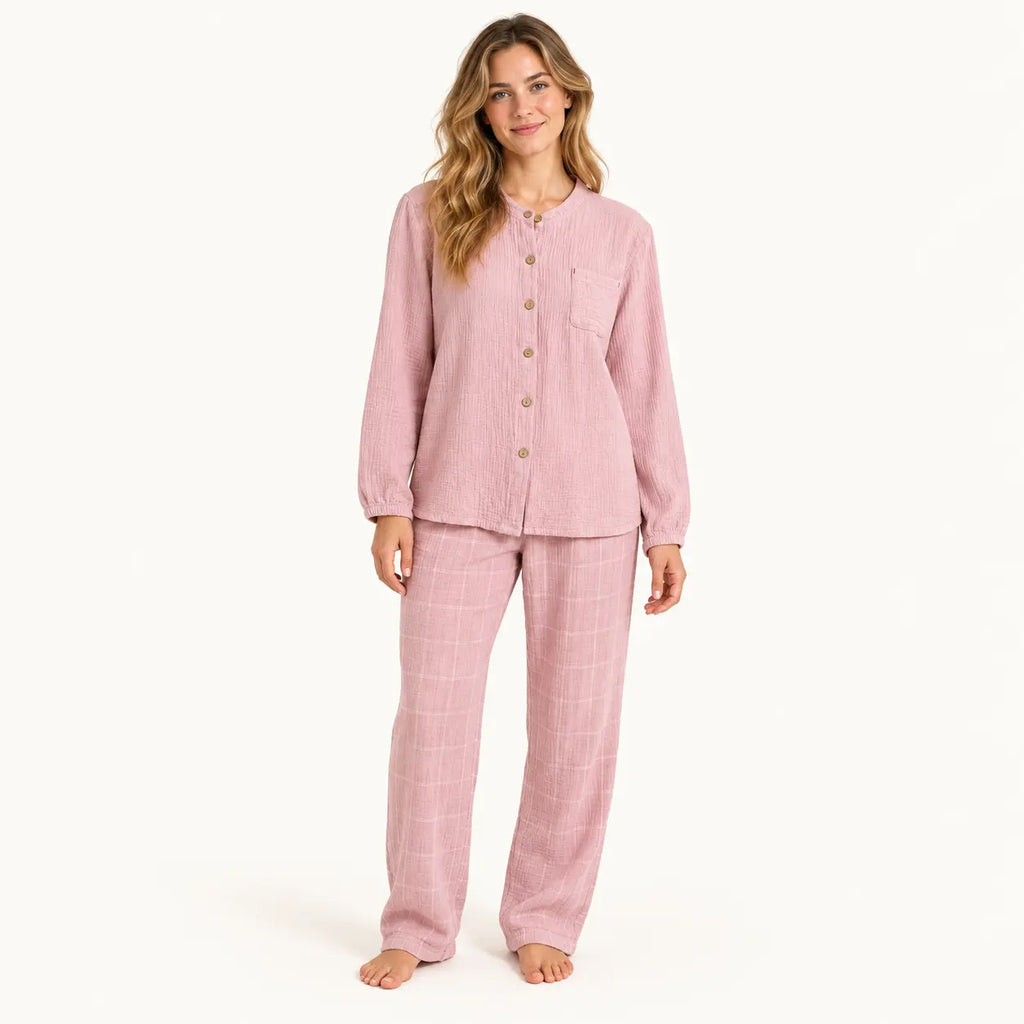 Pyjamas Homewear Style Japonais Couple En Crêpe De Coton coloris rose | le Juste Pyjama