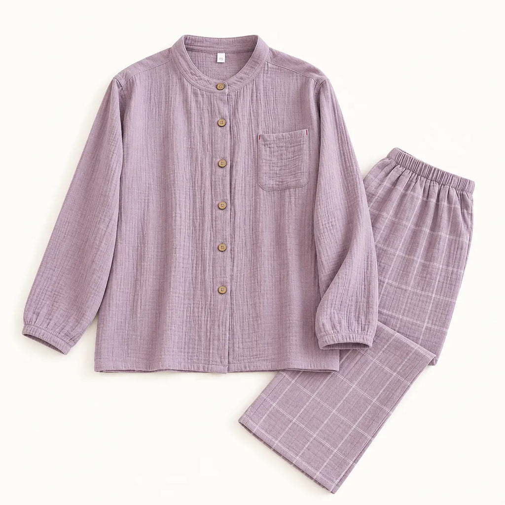 Pyjamas Homewear Style Japonais Couple En Crêpe De Coton coloris violet | le Juste Pyjama
