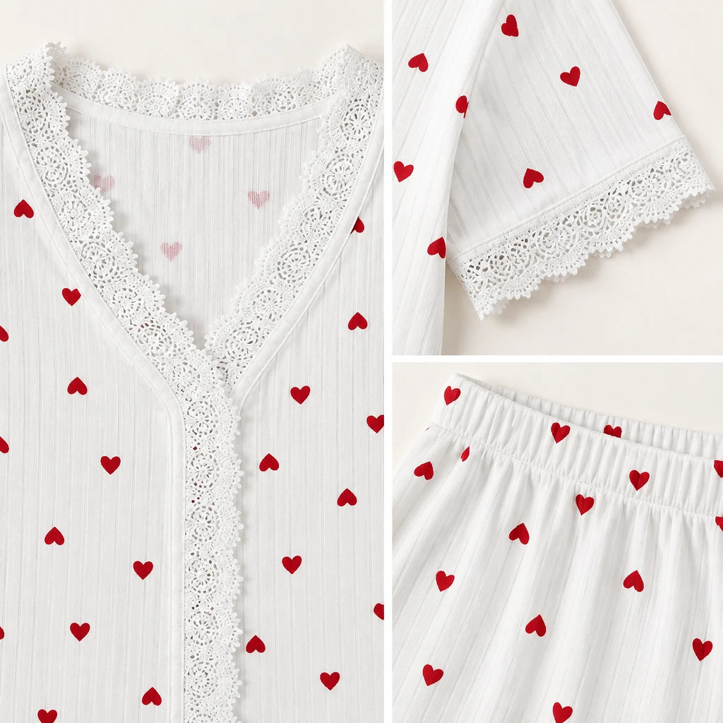 Ensemble Pyjama Blanc Et Rouge Imprimé Cœurs Avec Dentelle