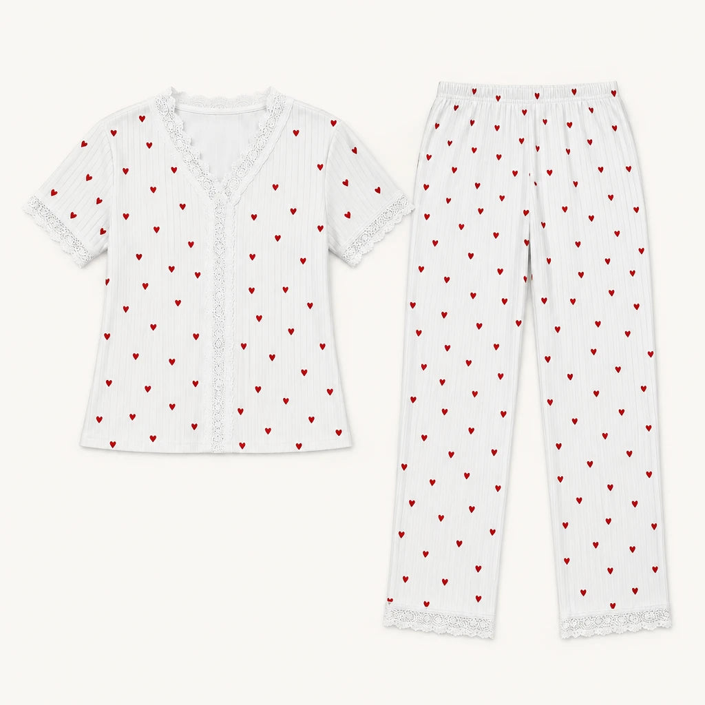 Ensemble Pyjama Blanc Et Rouge Imprimé Cœurs Avec Dentelle