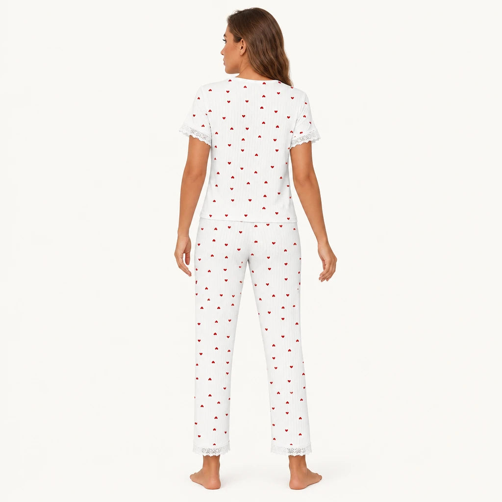 Ensemble Pyjama Blanc Et Rouge Imprimé Cœurs Avec Dentelle