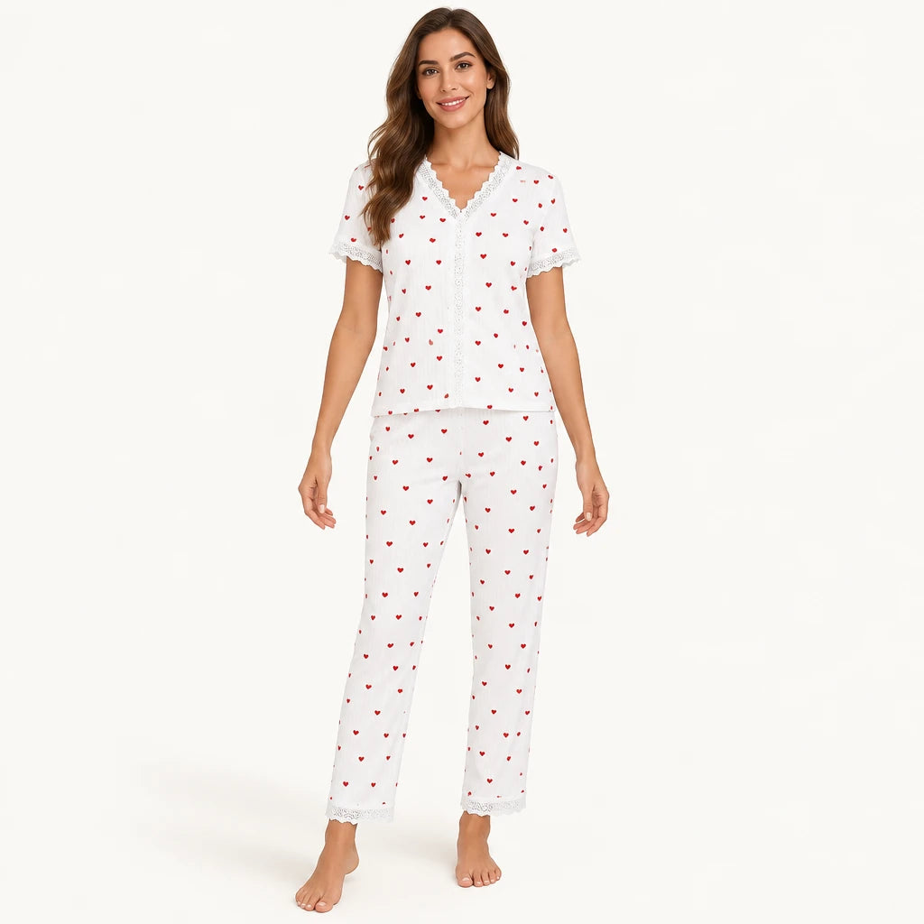 Ensemble Pyjama Blanc Et Rouge Imprimé Cœurs Avec Dentelle