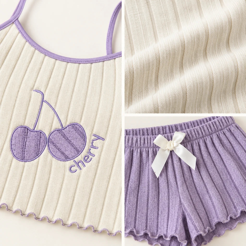 Ensemble Pyjama Côtelé Violet À Motif Cerise