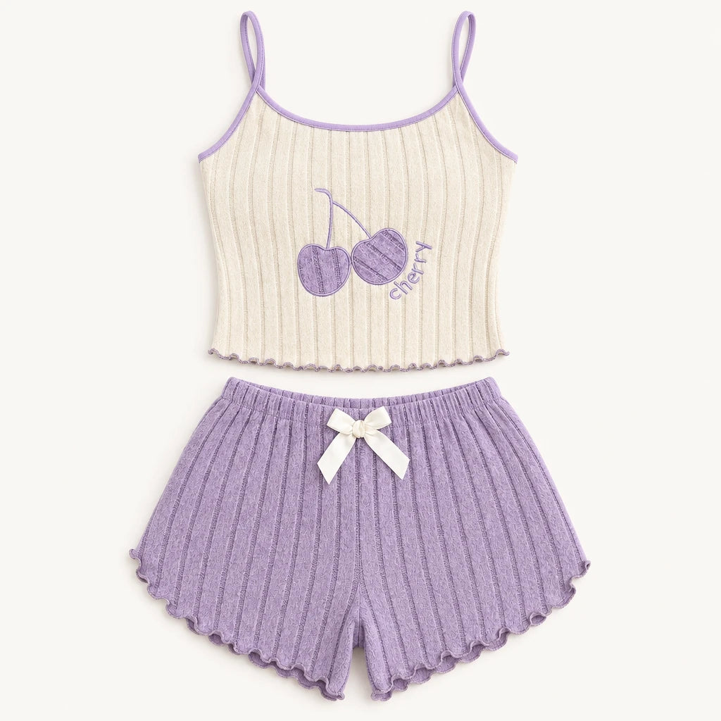 Ensemble Pyjama Côtelé Violet À Motif Cerise