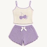 Ensemble Pyjama Côtelé Violet À Motif Cerise