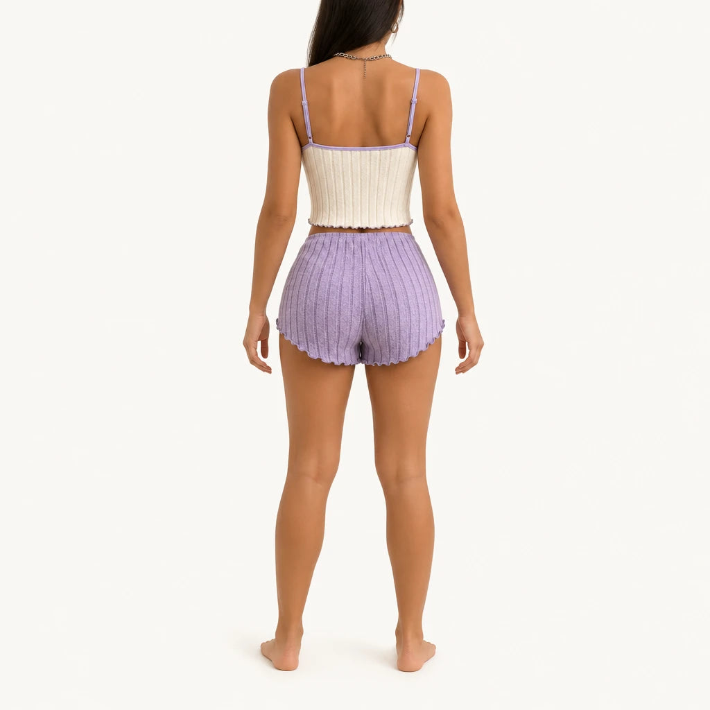 Ensemble Pyjama Côtelé Violet À Motif Cerise