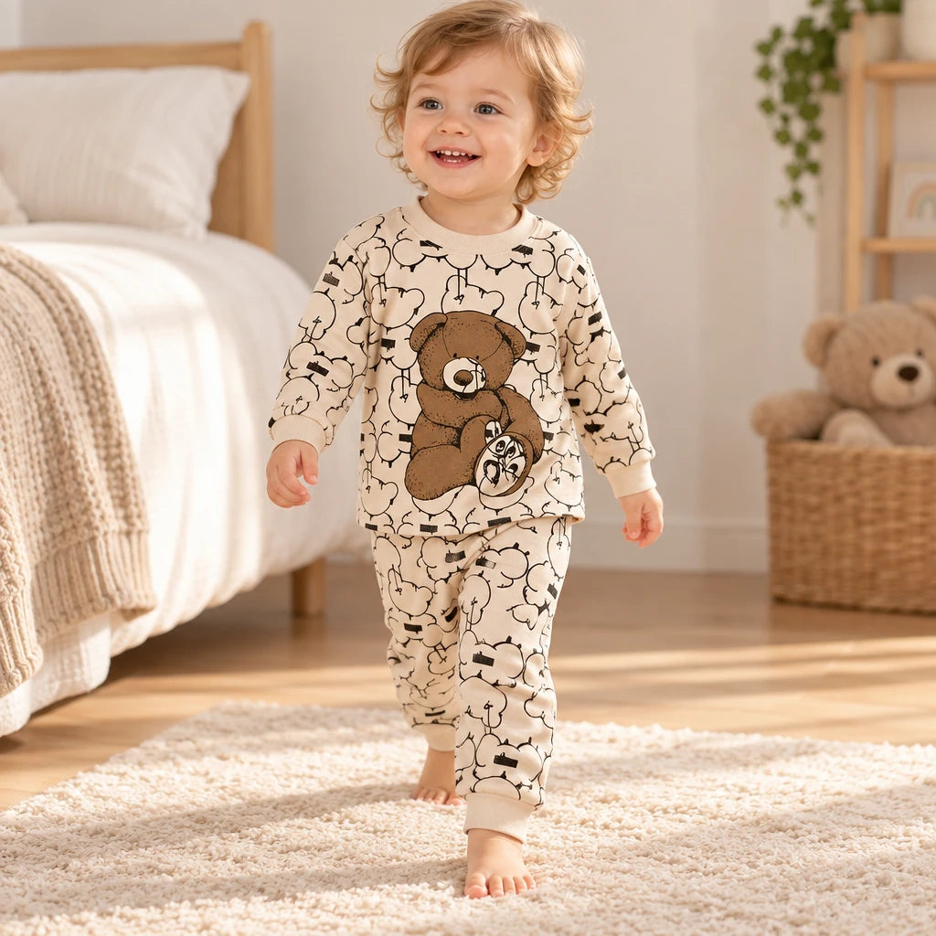Pyjama Bébé En Coton Beige Imprimé Ours