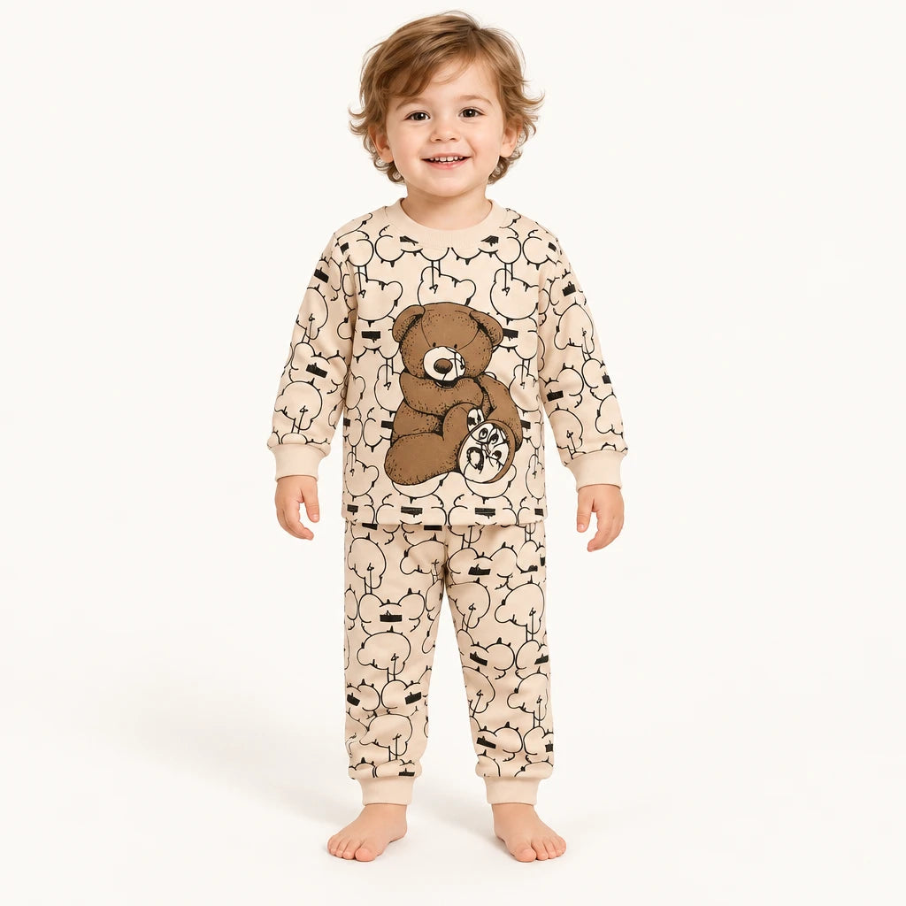 Pyjama Bébé En Coton Beige Imprimé Ours