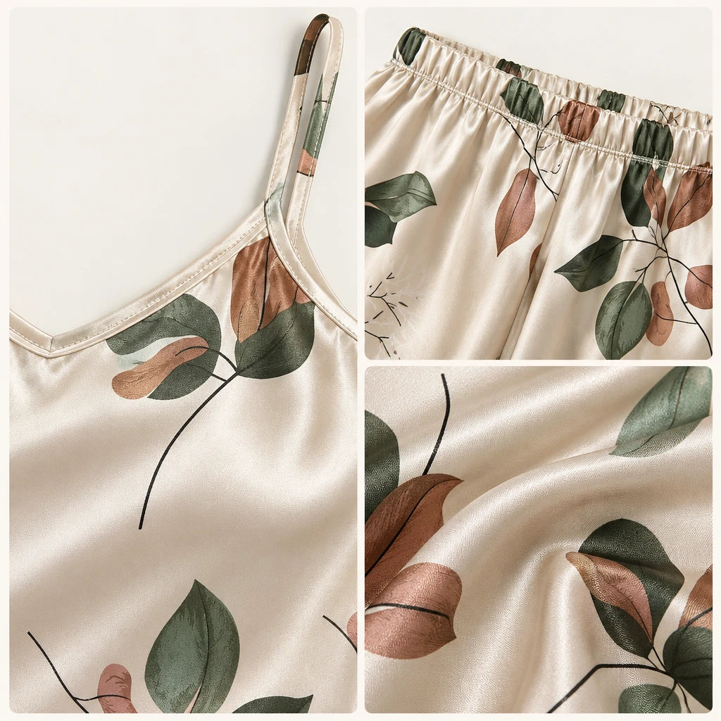 Pyjama Caraco Et Pantalon En Satin Imprimé Feuilles